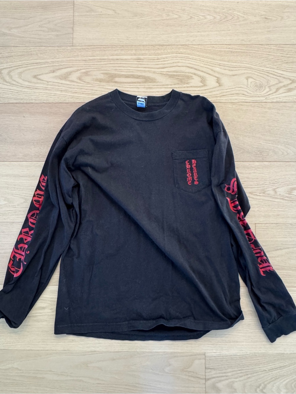 Chrome Hearts Black Long-Sleeve Tee with Red Sleeve Script
